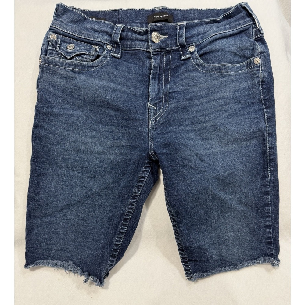 True Religion Men's Blue Ricky Relaxed Cut Off Denim Bermuda Shorts Size 32